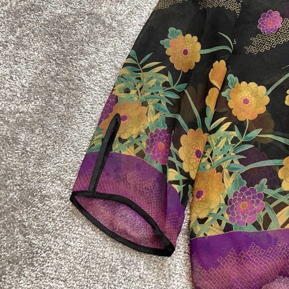 Chadwicks Blouse Button Up Top womens Medium Black Purple Sheer Tropical Floral - Picture 4 of 11